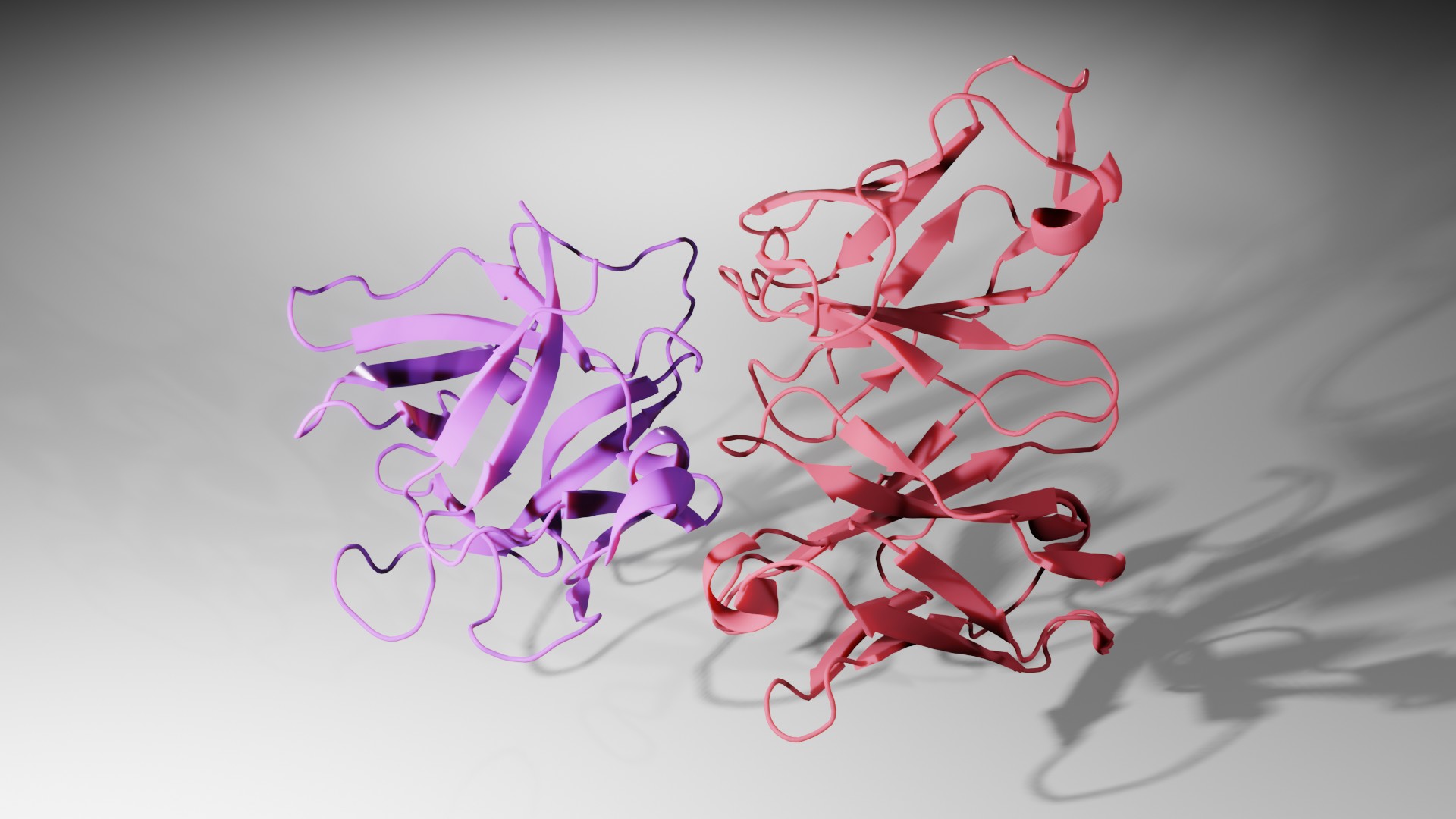 a three-dimensional illustration of a crystal structure of a protein-protein interaction between a purple and a red protein