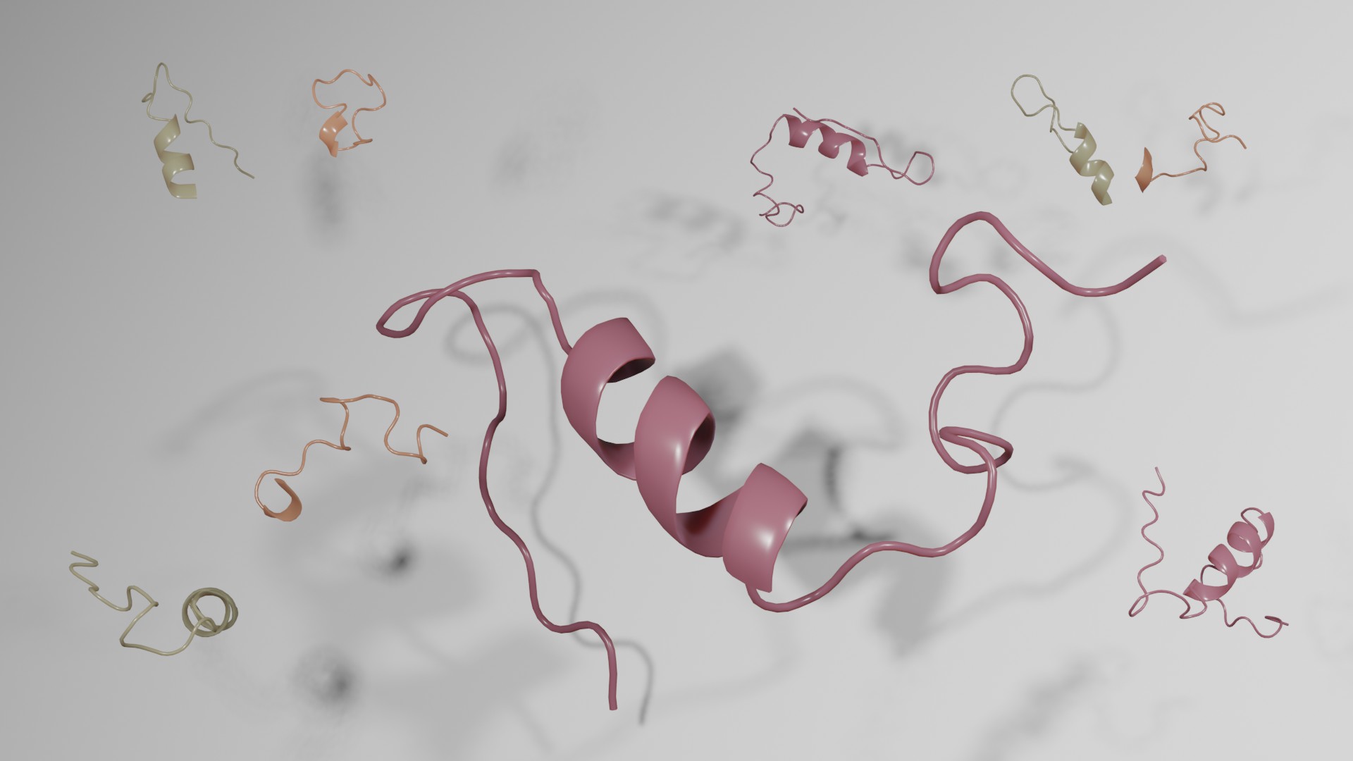 a three-dimensional rendering of peptides of different length floating in space